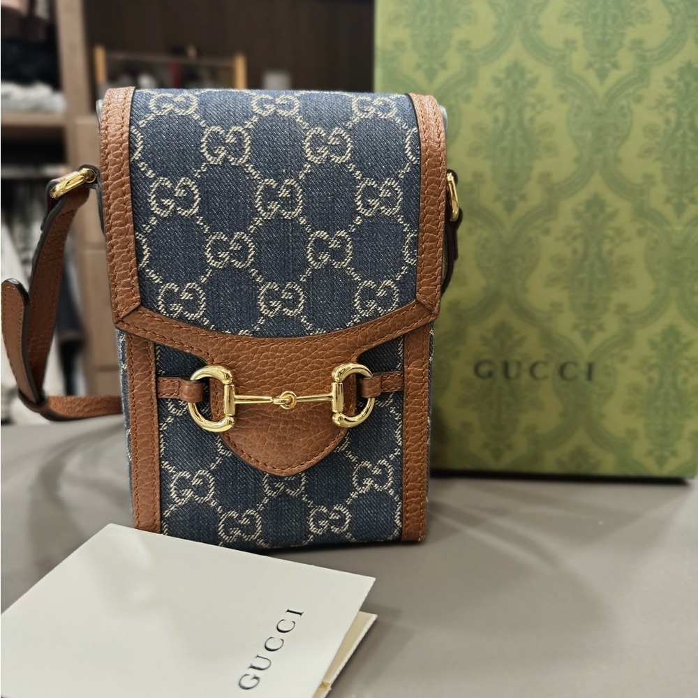 Gucci Blue Denim GG Canvas Crossbody with Brown Leather Trim and Gold Hardware
